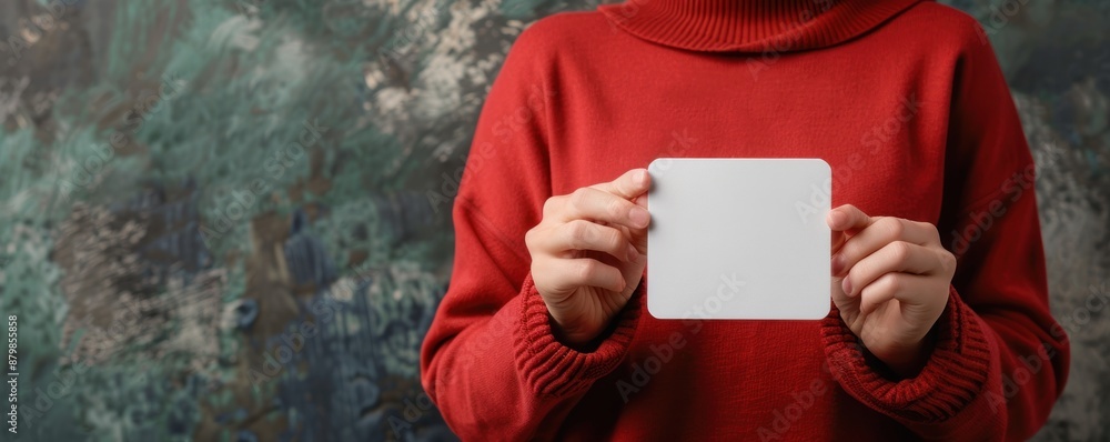 Canvas Prints Woman in red sweater holding blank card.