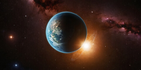 Fototapeta premium A breathtaking image of Earth bathed in the warm glow of the sun, set against a backdrop of stars and nebulae, perfect for space, science, or environmental projects.