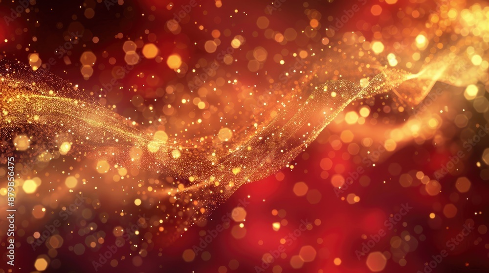 Poster light particle trail. glowing golden dust particles in red bokeh effect