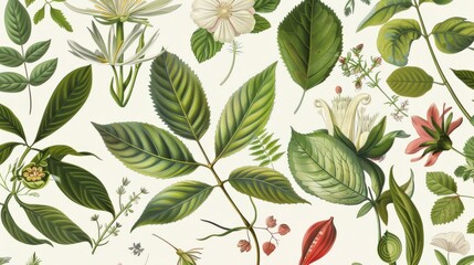 A drawing of a flower garden with a variety of plants and flowers