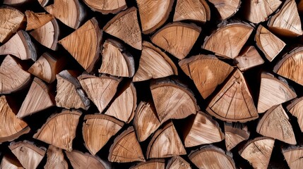 Close-up view of meticulously stacked firewood, showcasing natural textures and details, captured with cinematic lighting for a hyper-realistic feel