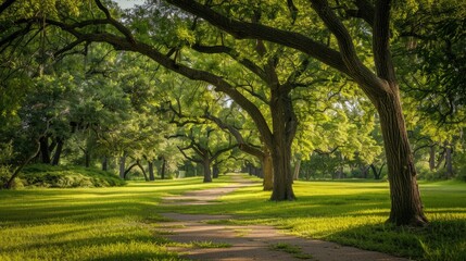 Naklejka premium Texas Park. Lush Green Landscape with Beautiful Trees in Houston Park