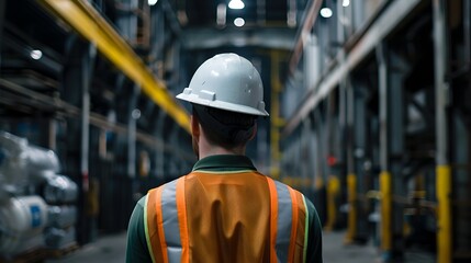 Rear view of male worker in hardhat standing in warehouse. This is a freight transportation and distribution warehouse