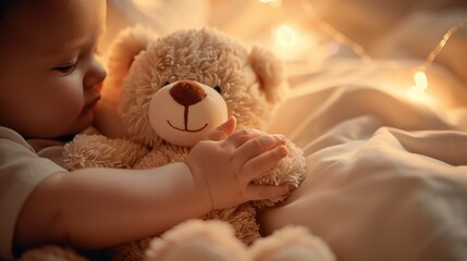 A baby is holding a teddy bear