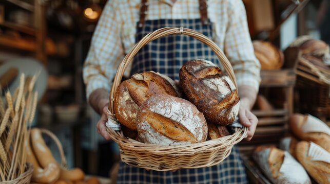 Bread Delivery. Man Holding Basket of Loaves, Delivering to Bakery