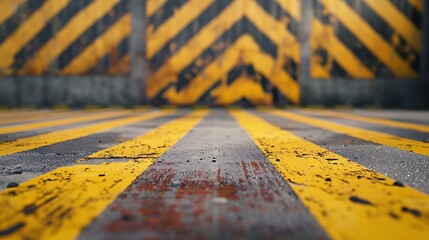 Yellow and black stripes on the road. Abstract background for design