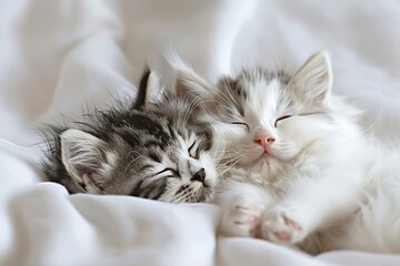 Obraz premium Two cute gray kittens sleep on a white blanket