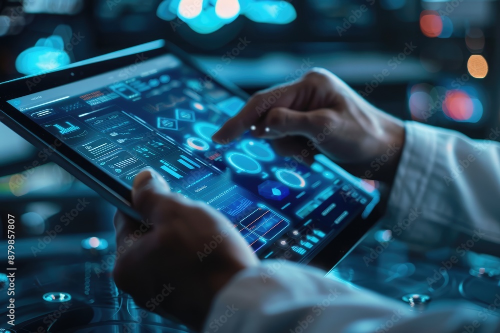 Poster a humanoid robot examines data on a tablet, symbolizing technological advancements in ai and robotic