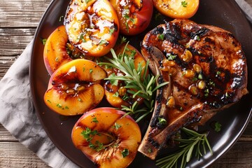 Top view close up of grilled pork chop with glazed peaches and honey garlic sauce on a plate