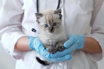 Veterinarian holding a small gray kitten in his arms