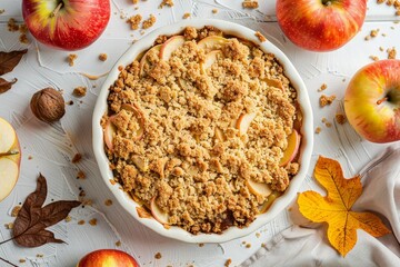 Top view of apple crumble on a light gray table perfect for breakfast
