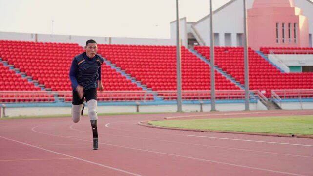 Slow motion shot of sport man athlete prosthesis legs is jogging on track in the stadium to practice with warm light in evening.