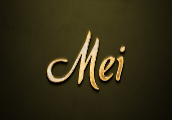 Old gold text effect of Japanese name Mei with 3D glossy style Mockup.