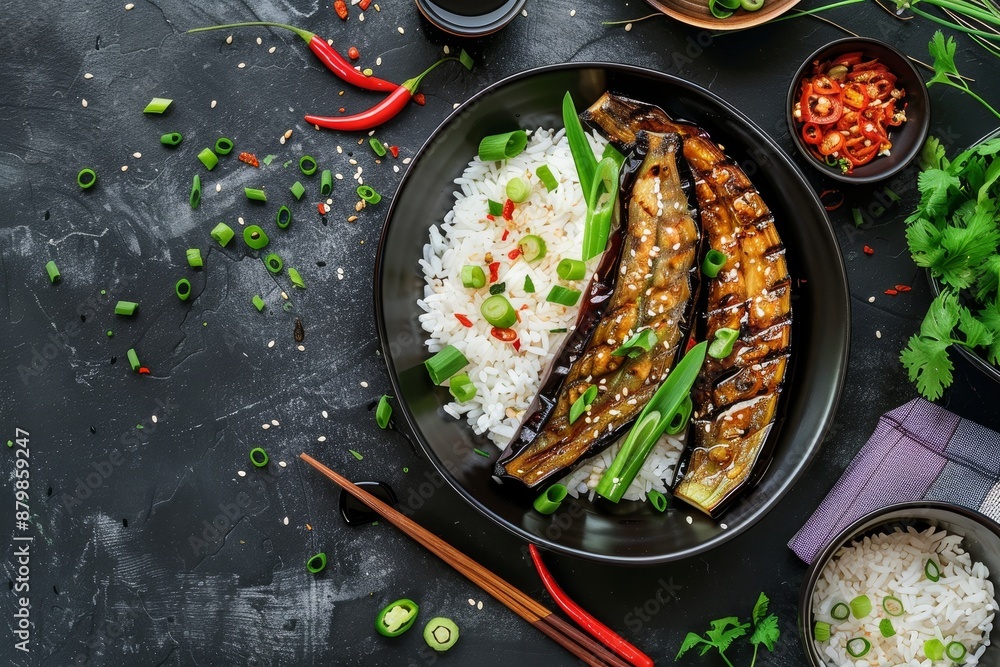 Sticker Top view of grilled eggplant with rice vegan dinner fried veggies with spring onion steamed rice chili oil soy sauce