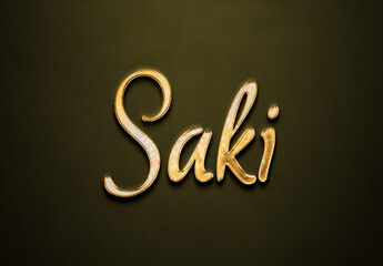 Old gold text effect of Japanese name Saki with 3D glossy style Mockup.