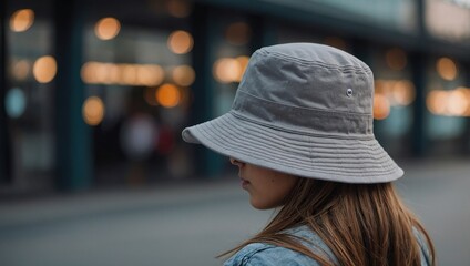Plain grey bucket hat mockup for design. a girl wearing a plain bucket hat