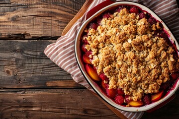 Top view of peach and berry crumble crisp in a baking dish on wooden background