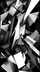 Fototapeta premium Dynamic composition of sharp, overlapping geometric shapes in black, white, and shades of gray, creating a fragmented, modern abstract pattern with high contrast.
