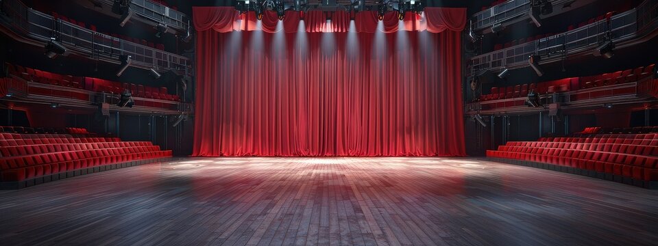 A stage with a spotlight on it. The stage is empty and the lights are on. Scene is bright and energetic