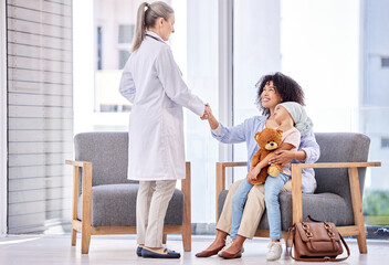 Child, mother or shaking hands with doctor in clinic for welcome, introduction or healthcare consultation. Oncology, medical expert and woman or cancer patient with handshake for radiation treatment