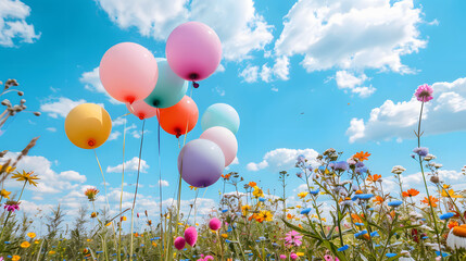 Spring party concept image featuring colorful balloons set against a backdrop of a spring flower field.

