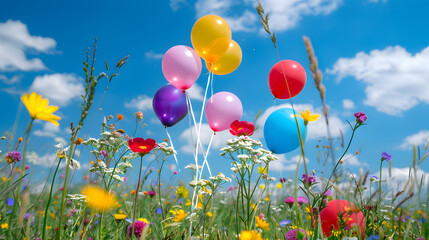 Colorful balloons in a spring flower field, capturing the essence of a festive spring party concept.

