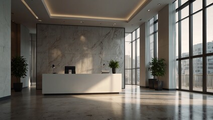 Obraz premium Office lobby with a large white wall and meeting rooms