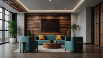 Office wooden lobby waiting room for company wall logo mockup 