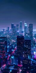 Naklejka premium Cityscape at night with tall buildings illuminated by vibrant neon lights, casting a blue and purple glow over the streets and structures, creating a futuristic ambiance.