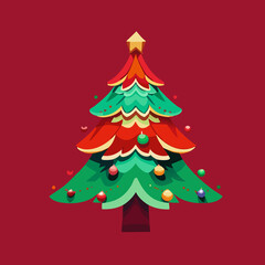 Fototapeta premium 3D Cartoon Christmas Tree with Ornaments and Yellow Star on Red Background | Festive Holiday Decoration in Bright Colors | Wall Art, Greeting Card