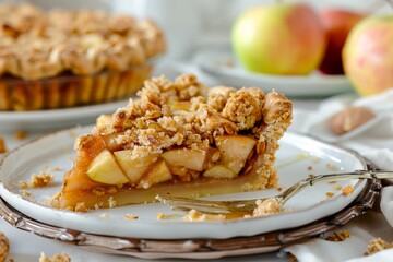 Traditional European apple pie slice with crumb topping on server