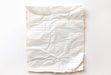 White crumpled sheet of lined notebook paper on white background