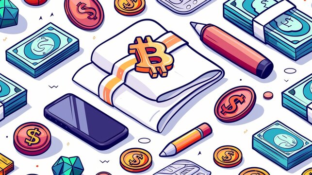 Wealth symbols flat design top view futuristic theme cartoon drawing colored pastel, focus cover all object