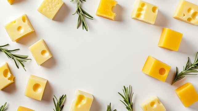 yellow cube pieces of cheese and rosemary herb isolated on white background. Top view. Flat lay, focus cover all object