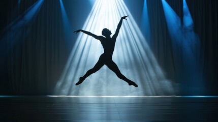 Obraz premium A dancer is leaping into the air in a dimly lit room