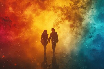 Obraz premium Inclusive Couple diverse couple holding hands, surrounded rainbow aura, celebrating love