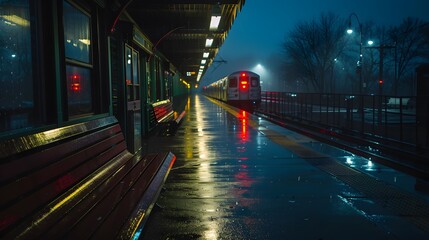 A rainy train station platform with wet benches and the approaching train's lights glowing softly
