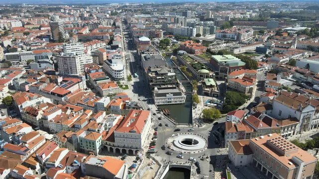 Aerial video on the town of Aveiro, Portugal embankment with typical houses