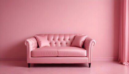 Modern pink silk sofa and pink wall behind closeup view