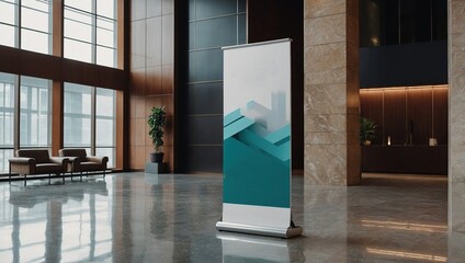 Pull up banner mockup stands in the lobby. Blank roll up poster stands in elegant hallway interior