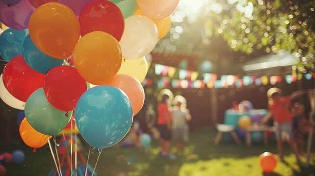Joyful children's birthday party with helium balloons floating upwards, blurred view of kids playing. Blurred view helium balloons floating