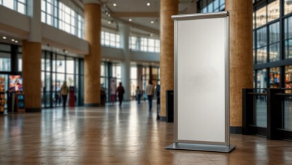 Roll up mockup poster stand in an shopping center or mall environment as wide banner design with blank empty copy space area