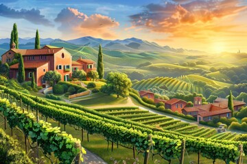 Naklejka premium Vineyard landscape with a farmhouse and rolling hills.