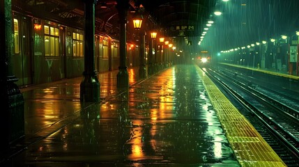 A glistening train station platform under a downpour with the faint glow of a train in the distance