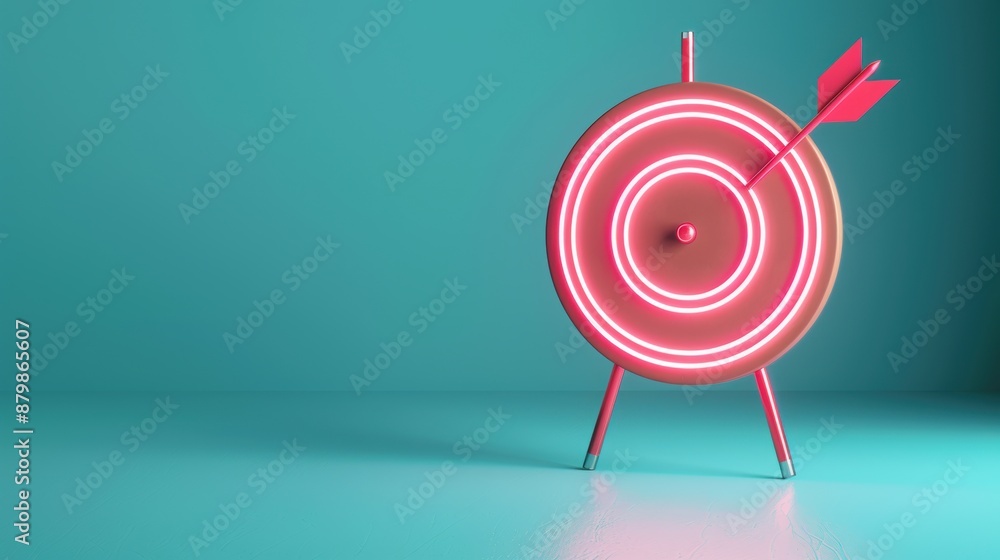Poster an abstract neon target design glowing in the dark, minimalist environment, creating a striking and 