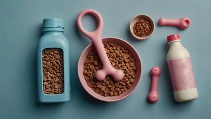 Set of pet supplies on light blue backdrop. Flat lay bowl filled with nutritious dry pet food, a playful pink rubber toy bone, a convenient pink retractable leash, a handy water bottle