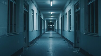 Obraz premium Abandoned asylum, haunting voiceover in the background, broken windows, ghostly apparitions in the halls, intense spooky vibe