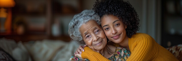 Elderly African American woman and young African American woman smiling and embracing each other at home. Concept of family love, warmth, and intergenerational connection