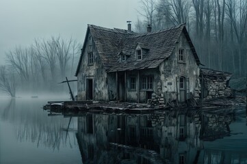 A dilapidated house with broken wooden walls by a dark lake, surrounded by fog and cloudy skies, creating a view filled with abandonment and fear.