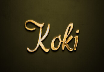 Old gold text effect of Japanese name Koki with 3D glossy style Mockup.